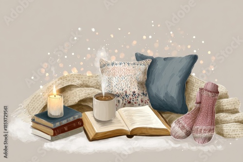 Warm winter illustrations featuring mugs, candles, and cozy textiles. Introverted comfort and peaceful home life.