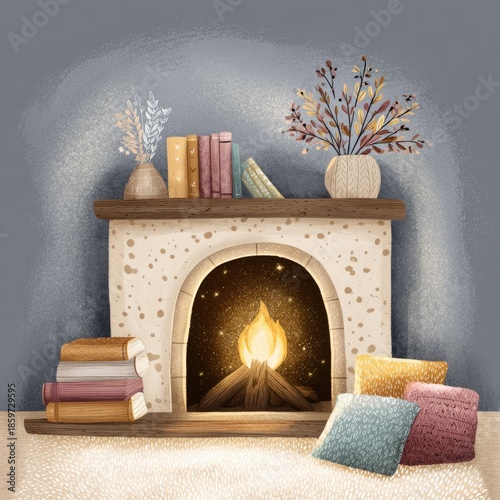 Hand-drawn winter interior element featuring books and a fireplace. Serene atmosphere.