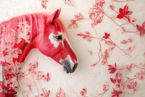 Bright red horse galloping at the center of a toile-inspired illustration. Perfect for textile, home decor, and print designs.