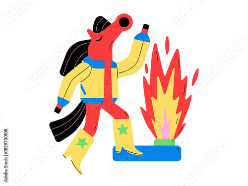 Horse Zodiac Character with Fire for Lunar New Year, Vector Illustration. Stylish Horse Character in Boots and Jacket, Lunar New Year Vector Illustration. Magical Horse Mascot for Lunar New Year. 