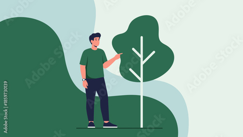 illustration of a young man standing outdoors near a tree with a scenic background of hills and
