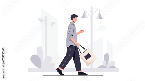 Casual young man walking outdoors with shopping bag on a modern city street scene