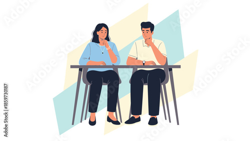 business meeting with two professionals engaged in discussion at a conference table