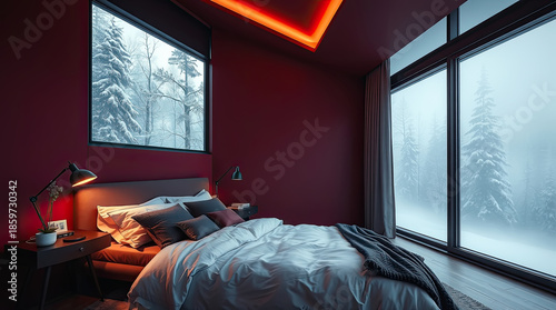 Cozy modern bedroom with a large window and snowy winter trees outside.