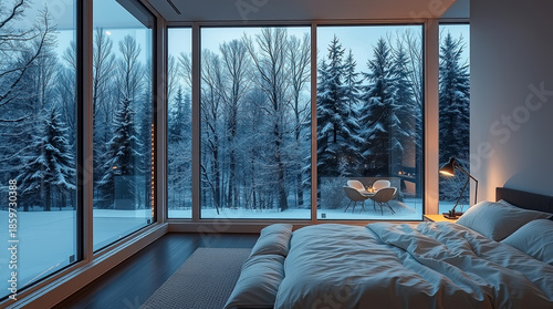 Cozy modern bedroom with a large window and snowy winter trees outside.