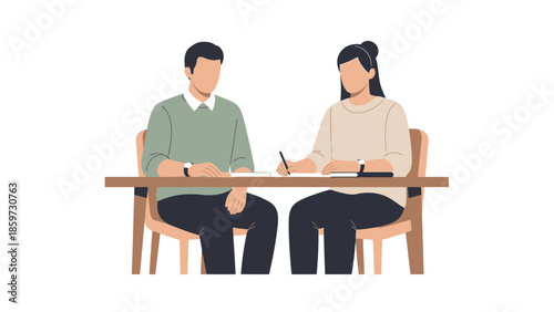 Business Meeting or Interview between a Man and Woman at a Wooden Table in a Modern Office Setting
