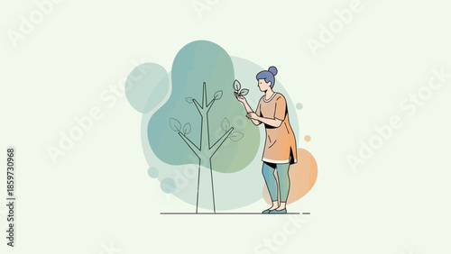 illustration of a woman tending to young tree with gardening tools in a minimalistic style