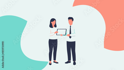 illustration of a professional business exchange showing two individuals handing over a digital