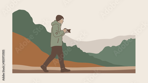 Young person walking outdoors on a scenic trail with a camera to capture nature's beauty