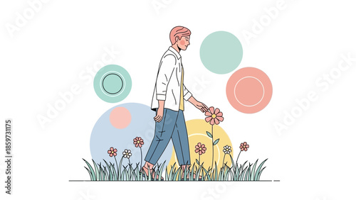 Minimalist Illustration of a Young Person Walking Through a Flower Field with Colorful Circles in