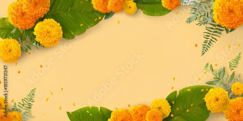 Orange marigold flower and green leaf decorative border on yellow background. Traditional Indian festival decoration for Diwali and wedding.