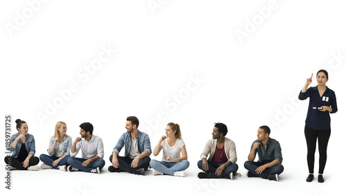 Young diverse group of people listening to woman presenting ideas  