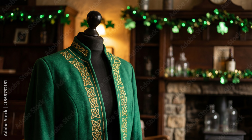 Obraz premium Green jacket on mannequin with celtic embroidery, celebrating st. Patrick's day in a traditional setting