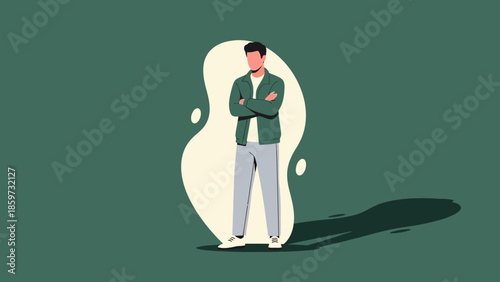 Modern illustration of a contemplative young man standing with arms crossed against a dark green