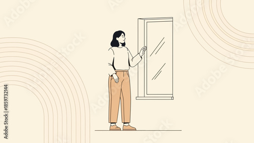 Minimalist Illustration of a Woman Standing by a Window in a Calm Indoor Setting