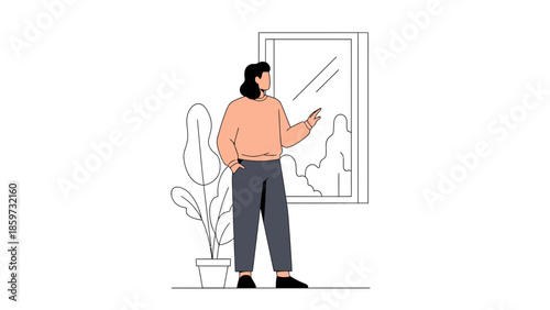 Minimalist Illustration of a Woman Standing by a Window Gazing Outside in a Modern Setting