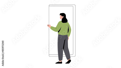 Minimalist Illustration of a Woman Standing in a Tall Mirror with Casual Attire and Casual Pose