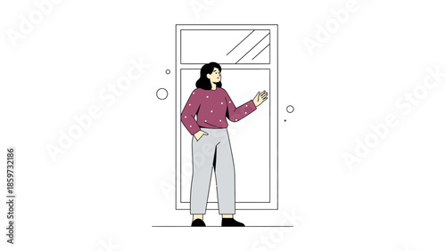 minimalist illustration of a woman standing in front of a window with reflective glass and modern