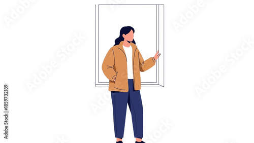 Minimalist Illustration of a Woman Standing Near a Window with Casual Attire
