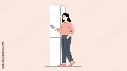 Minimalist Illustration of a Woman Standing Near a Refrigerator in a Modern Kitchen Scene