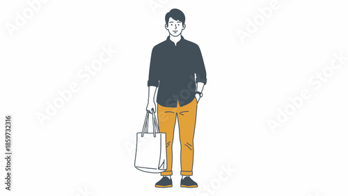 Minimalist Illustration of a Young Man Standing with a Shopping Bag