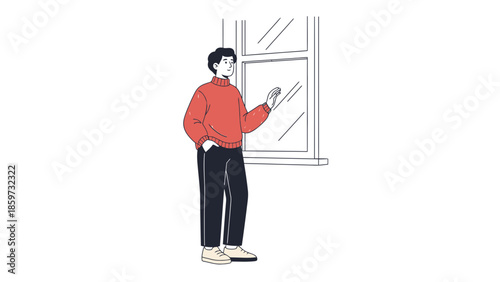Minimalist Illustration of a Young Man Standing Indoors Near a Window Engaged with a Mobile Device