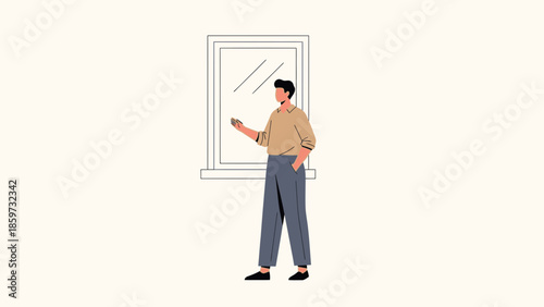 Minimalist Illustration of a Young Man Using a Smartphone Near a Window with a Clean Background