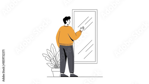 Minimalist Illustration of Man Cleaning a Mirror in a Modern Interior Setting