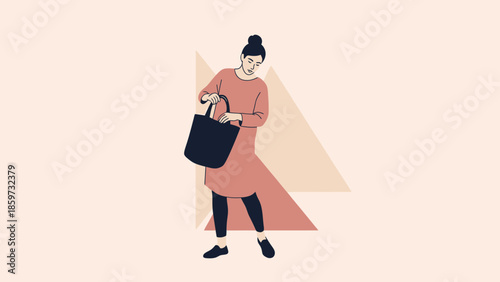 Minimalist Woman in Modern Casual Outfit Holding a Bag against Abstract Geometric Background