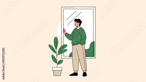 Minimalistic Illustration of a Person Looking at Themselves in a Mirror in a Calm Interior Setting