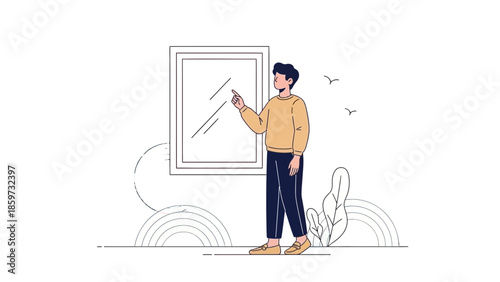 Minimalistic Illustration of a Person Standing Outdoors and Using a Smartphone to Take a Photo or
