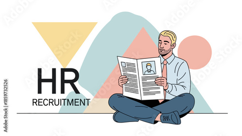 Modern HR Recruitment Concept with Businessman Reading Resume and Geometric Shapes