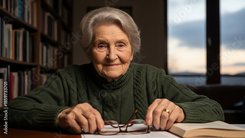 Elderly woman smiling while sitting at table with books indoors  