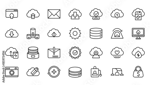 A collection of minimalist cloud and data-related icons in black outline