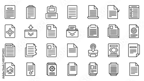 A collection of minimalist document icons, featuring various paper layouts. Shows various documents, forms, and paper-based objects