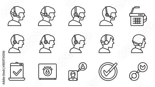 A collection of minimalist line drawings. Depicting various symbols related to customer service, technology and support. Includes headset icons and checkmarks
