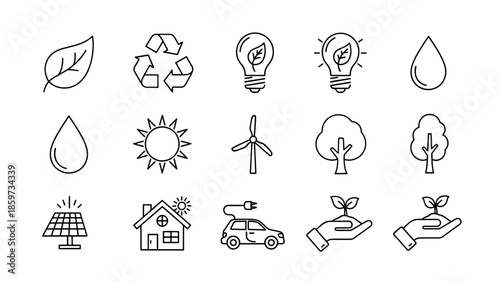 A collection of minimalist line icons representing concepts related to sustainability, including nature, conservation, renewable energy, and eco-friendly practices