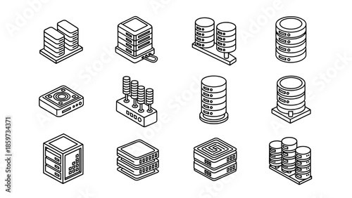 A collection of isometric black and white server icons, depicting various storage devices and computer hardware