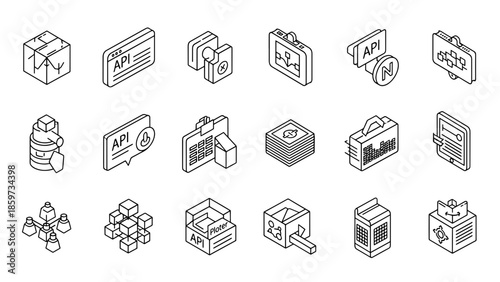 A collection of isometric black-and-white graphics depicting various objects like boxes, API displays, money stacks, and more