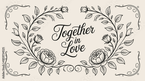 Romantic floral illustration with 'Together in Love' text