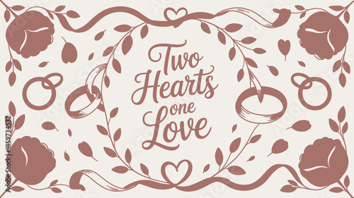 Romantic wedding elements with intertwined hearts and roses