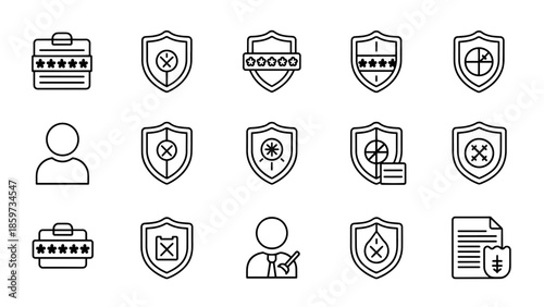 A collection of minimalist, monochrome icons on white, featuring shields, people, and objects with a theme of protection and security
