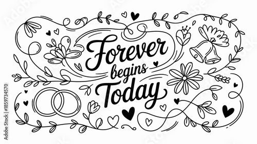 Romantic wedding quote with floral and heart decorations