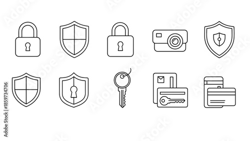 A collection of line-drawn security elements including shields, locks, a key, camera, and payment cards. They are monochrome with a white background