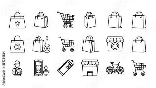 A collection of line art illustrations, featuring shopping bags, shopping carts, storefronts, and other related symbols