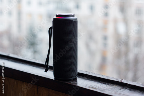 a music speaker against a natural backdrop