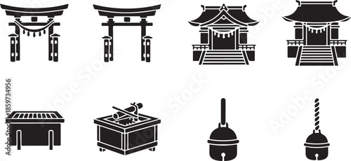 Japanese shinto shrine icons: torii gates, buildings, and bells