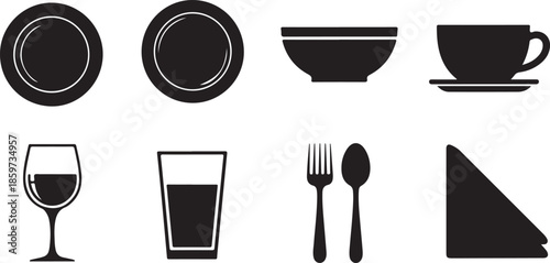 Collection of black icons representing tableware and dining essentials