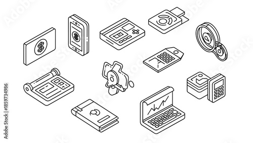 A collection of line art illustrations of technology and financial items, presented in an isometric perspective. Black and white