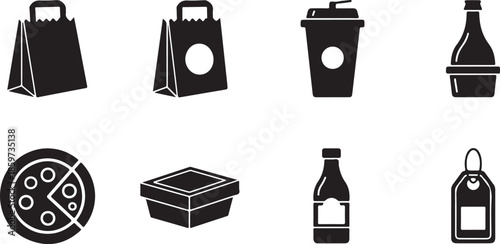 Collection of black icons representing food and drink delivery items